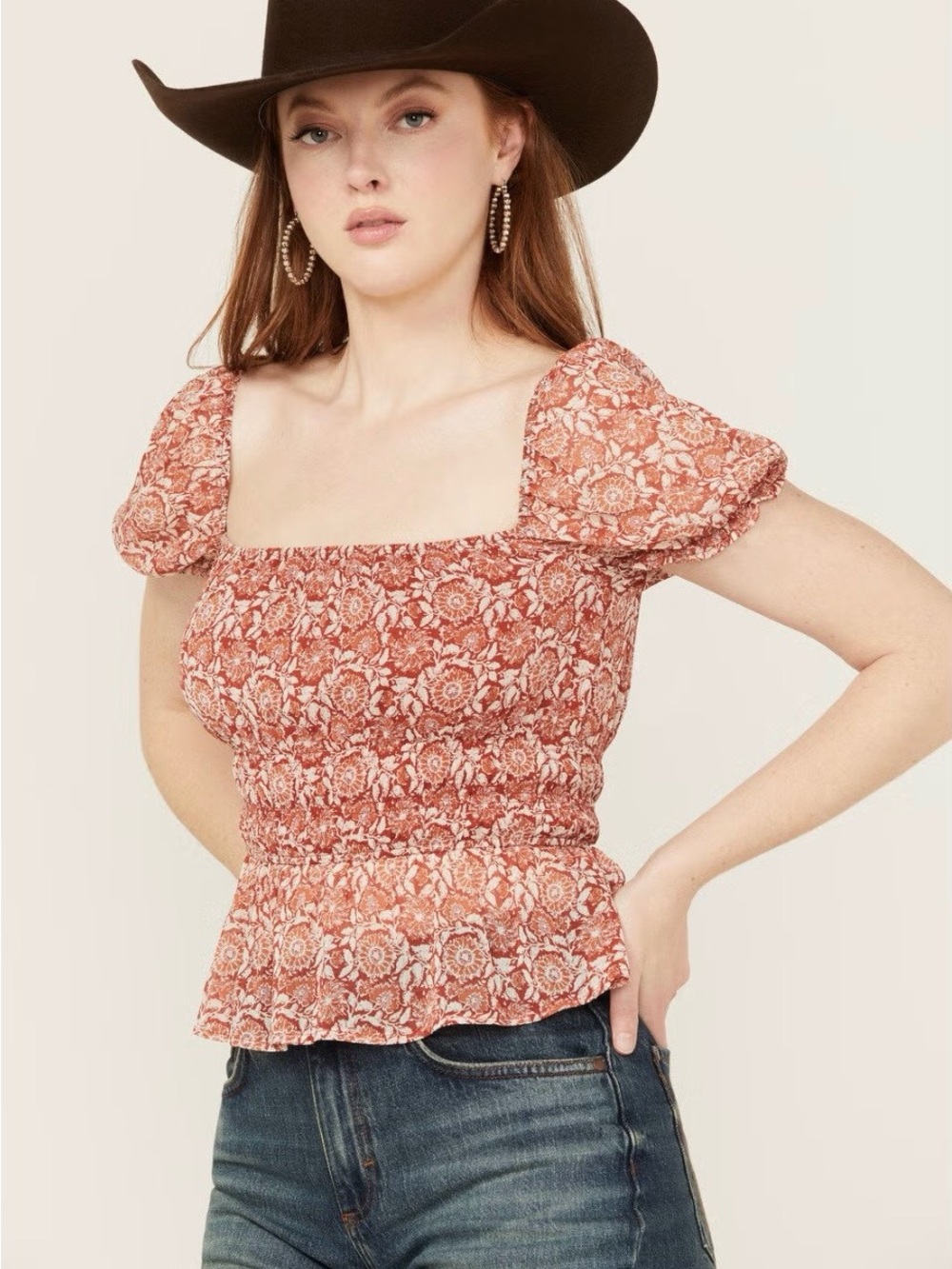 NWOT Ash & Violet Smocked Square-Neck Puff Sleeve Blouse in Rust Floral